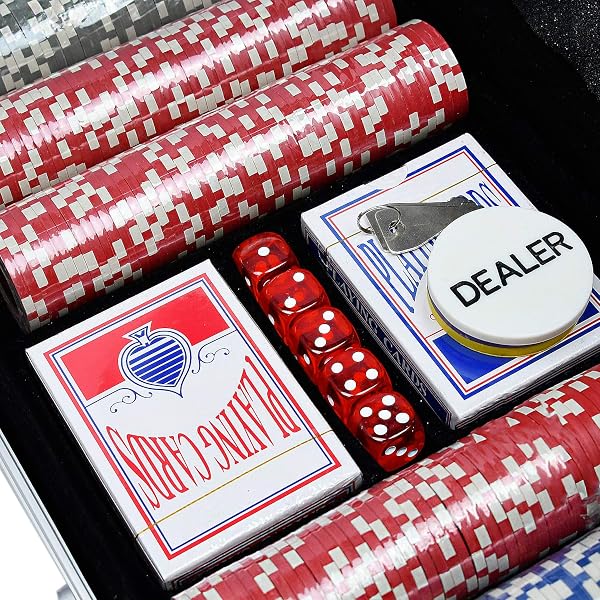 UISEBRT Pokerkoffer Set 500 Chips - Pokerset Laser inkl. 2X Pokerdecks, 5X Würfel, 3X Dealer Button (500 Chips, Schwarz Aluminium-Gehäuse) - 4
