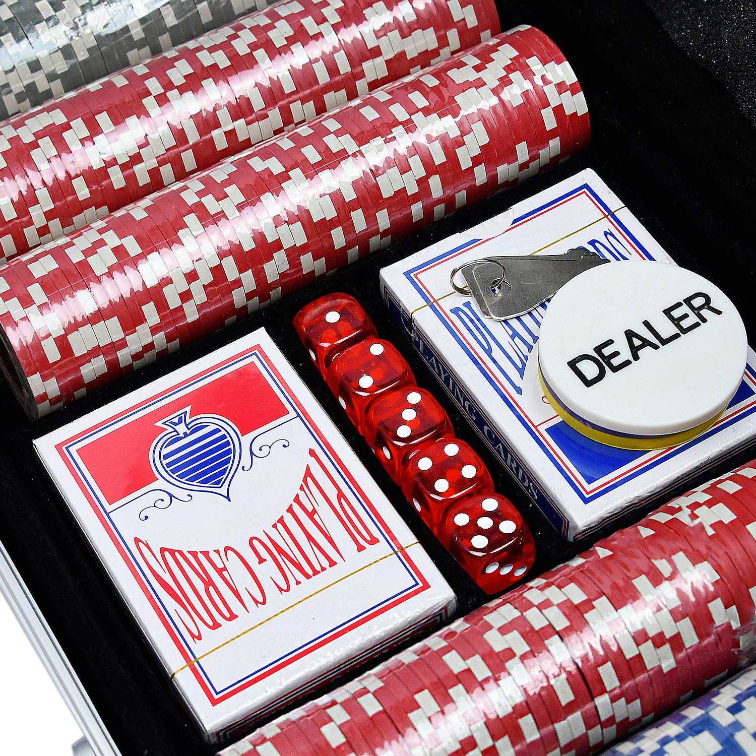 Juego de Poker 500 fichas Set de póquer fichas de póquer láser Incluye 2 Barajas de póquer, 3 Botones de crupier, 5 Dados, Estuche de Aluminio con 2 Llaves - Plata