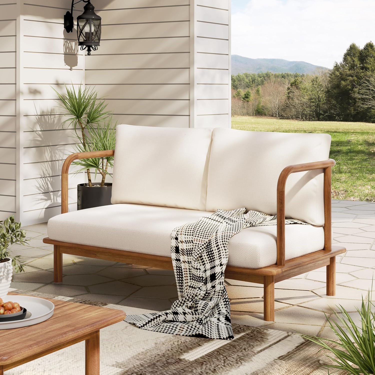 Christopher Knight Home Canape Acacia Wood Patio Loveseat Sofa with Cushion, Outdoor 2-Seater Sofa with Removable Cushions, Solid Wood Patio Furniture Set, Teak+Beige