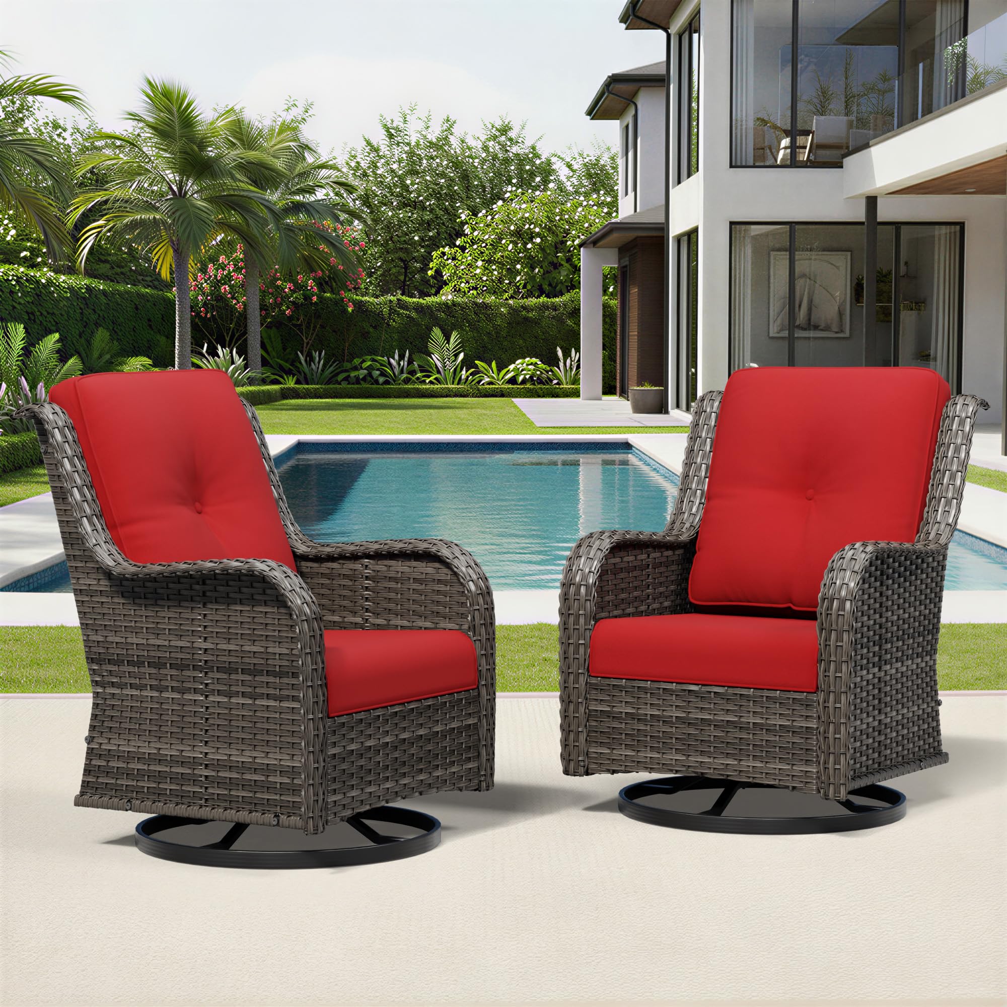 Joyside Swivel Patio Chairs Set of 2, Wicker Patio Furniture with High Back, Deep Seating, Wide Armrest, Thickened Cushions, Outdoor Rattan Furniture for Deck, Porch Use
