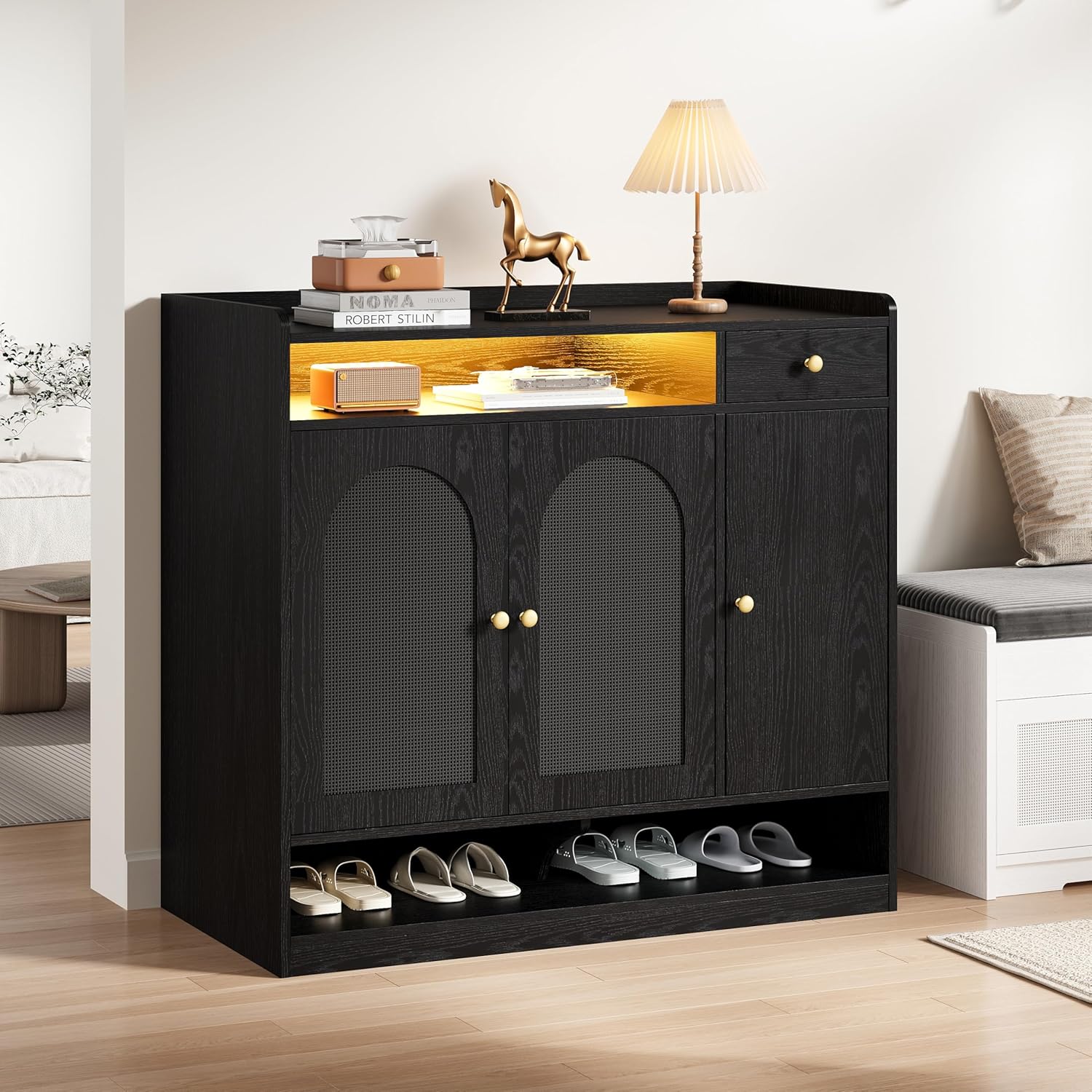 LIKIMIO Rattan Shoe Storage Cabinet, 30 Pairs 6-Tier Shoe Cabinet Storage for Entryway with LED Light, Drawer & Doors, Adjustable Shelves, Shoe Rack Organizer for Hallway, Living Room, Black