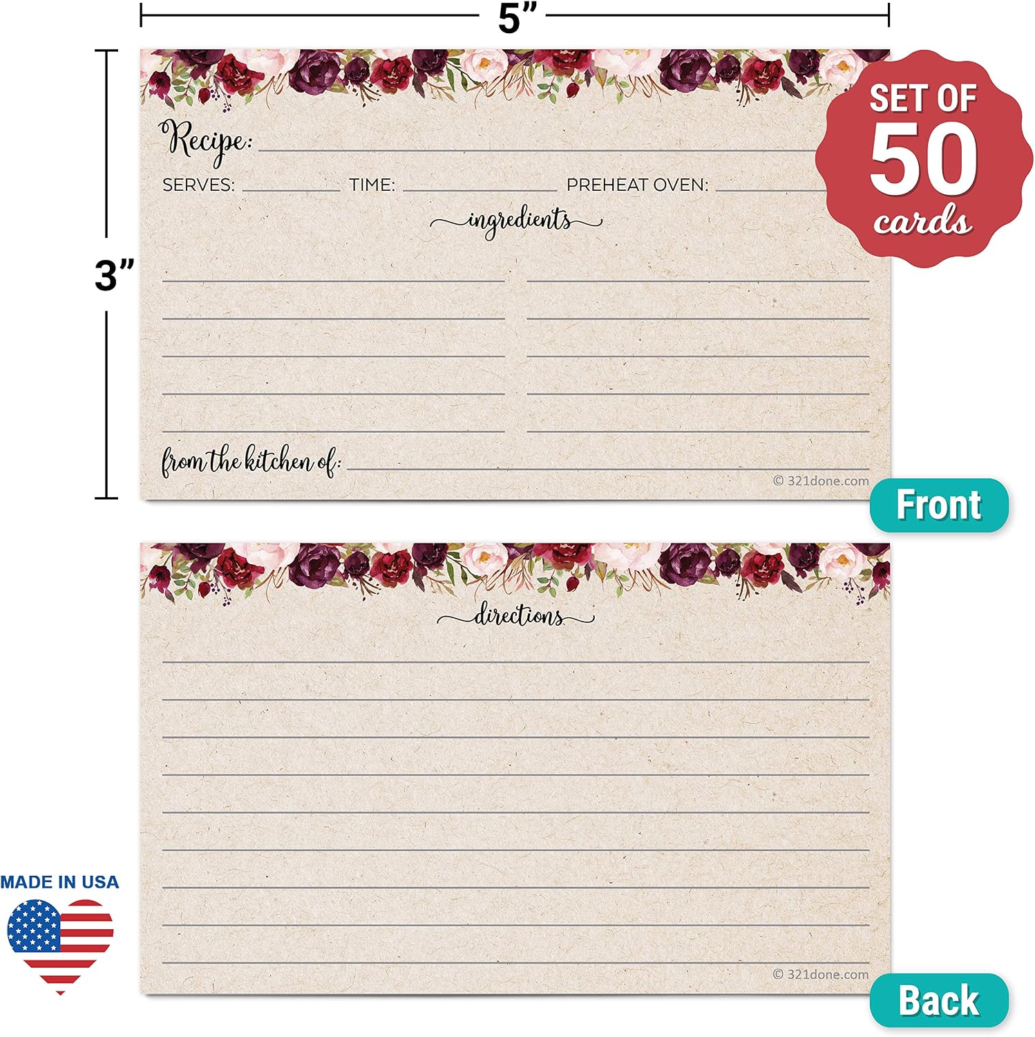 321Done Recipe Cards - Set of 50, Double-Sided Thick 3x5 Blank Recipe Cards, Tan Kraft Red Roses Design for Bridal Shower & Wedding Gift, Made in USA