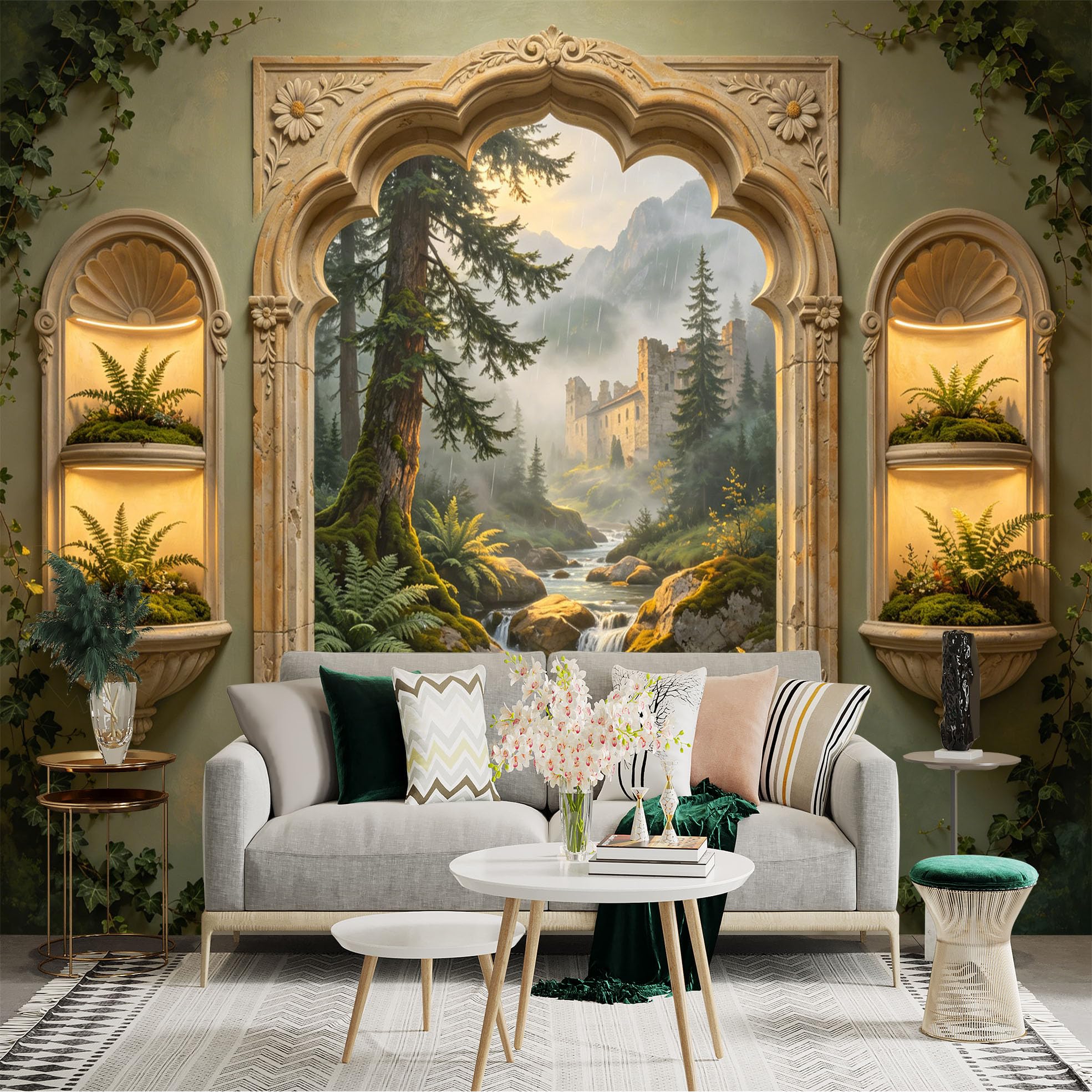 Custom Size Wall Sticker Mural， Scenic Forest with River， Waterfall and Ancient Castle， for wall Decoration， peelandstick wall Decals.