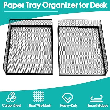 Wire Mesh Letter Trays Paper Tray Desk File Organizer, 2 Pack Stackable Metal Front-Load Documents Tray for Office Supplies File (Lengthways)