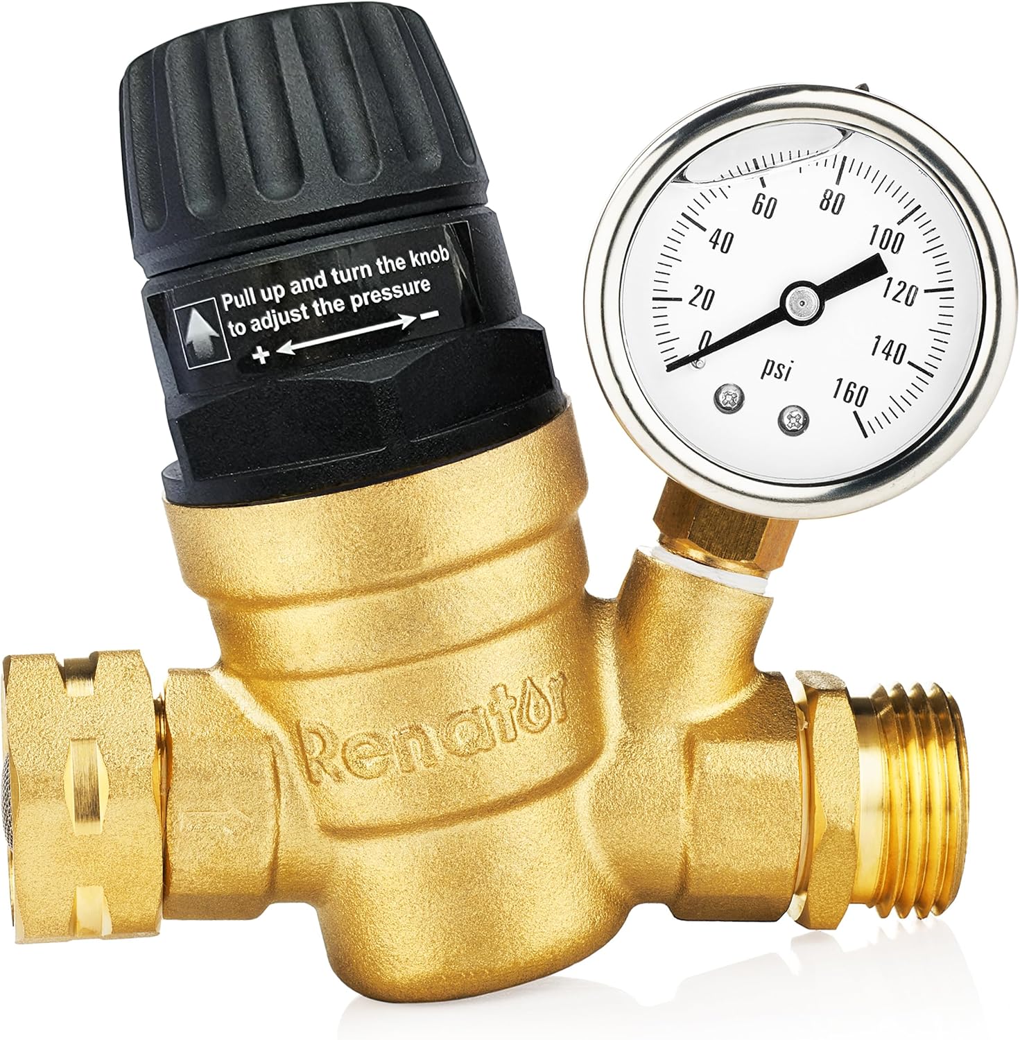 Renator RV Water Pressure Regulator for RV Camper. Brass Lead-free Adjustable Water Pressure Regulator with Gauge for Camper Travel Trailer, Reducer Valve W Filter. M22-0660R.