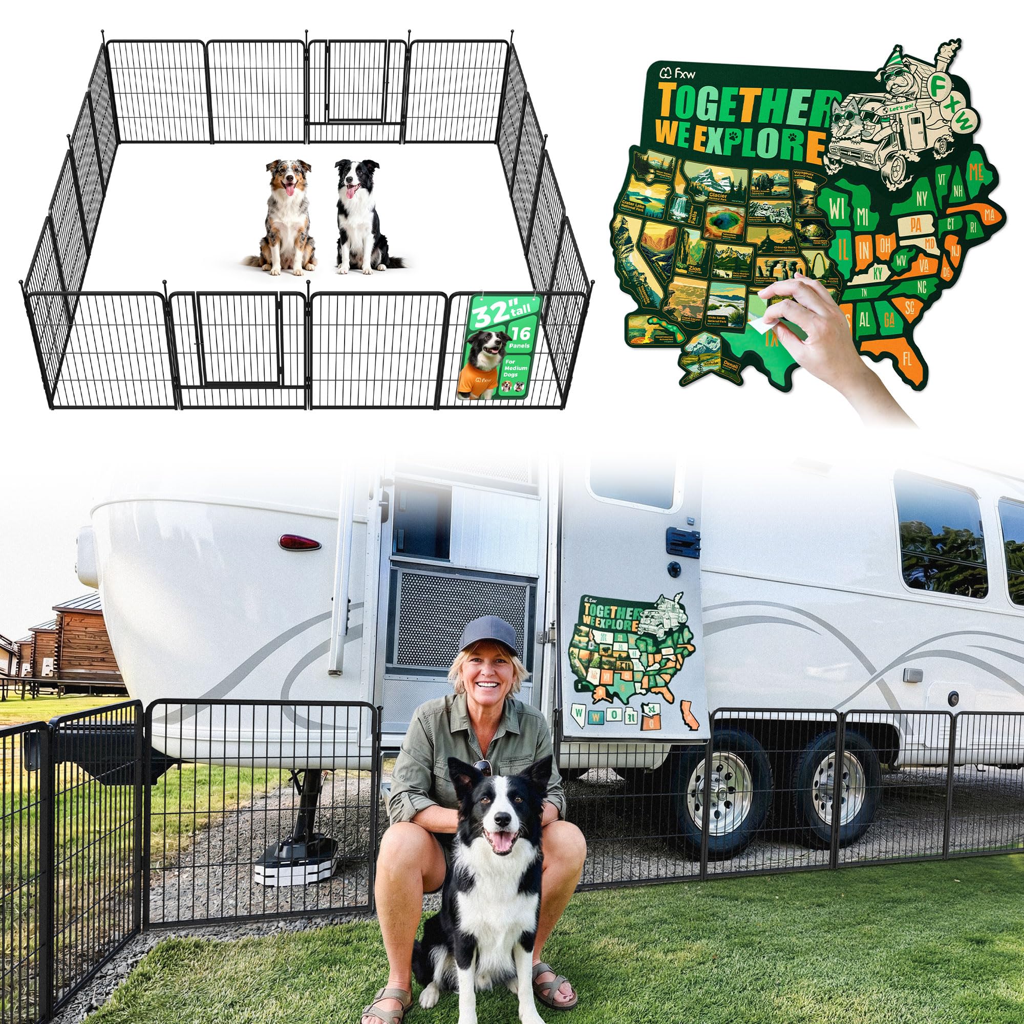 FXW Instant Dog Playpen with RV State Travel Map for Camping Outdoor Yard