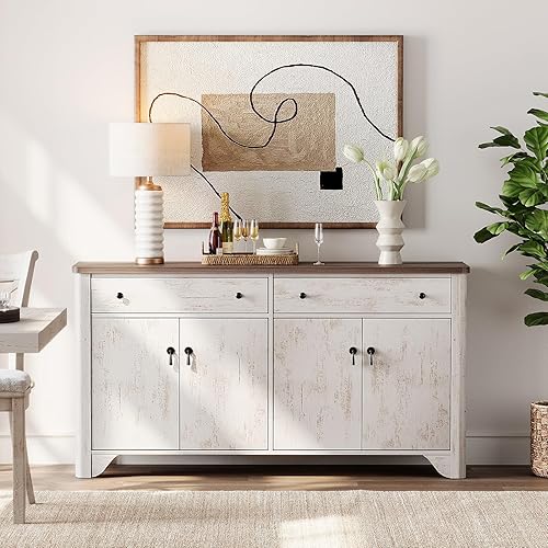 Miniatura 3 de WAMPAT Armario buffet con 4 puertas y 2 cajones, armario de 59 pulgadas de ancho con almacenamiento, armarios de almacenamiento de cocina de madera,