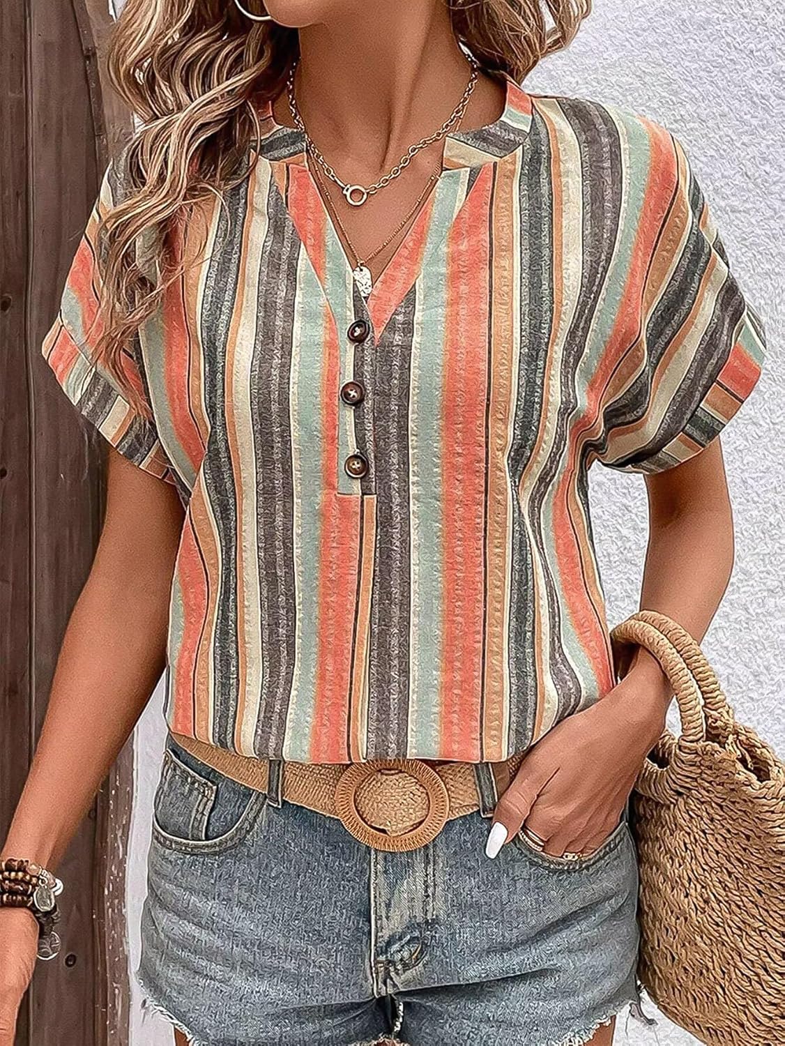 Flamingals Casual Short Sleeve Stripe Oversized Vintage Button Up Blouses Tops for Women - Image 3