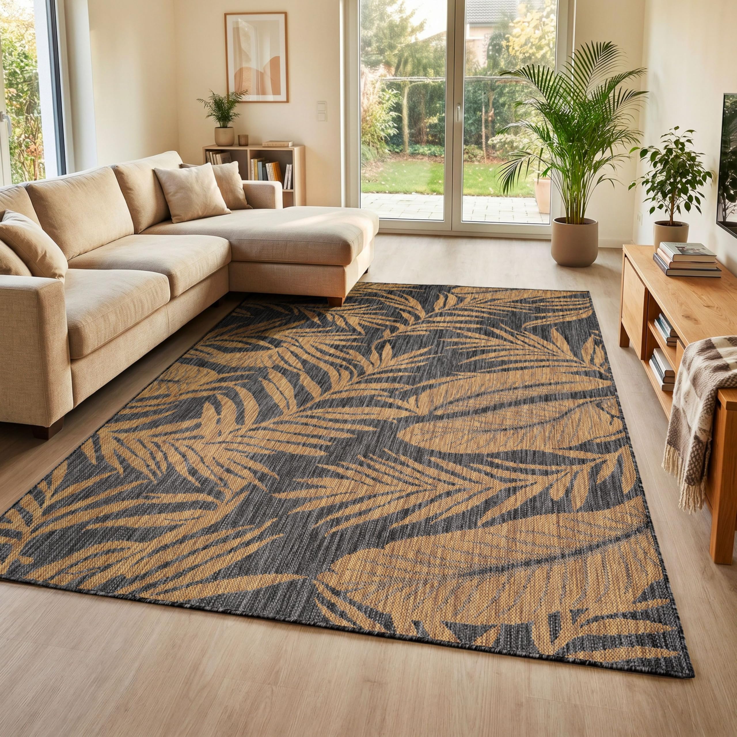 HomebyHome Tapis Extérieur Noir Effet Jute 200x280 cm Balcon Terrasse Jardin Résistant UV Grand XL Motif Palmier Tissage Plat