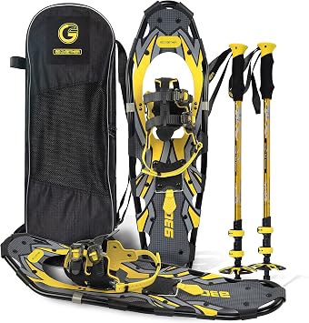 G2 30 Inches Yellow Light Weight Snowshoes for Women Men Youth, Set with Trekking Poles, Tote Bag, Special EVA Padded Ratchet Binding, Heel Lift, Toe Box