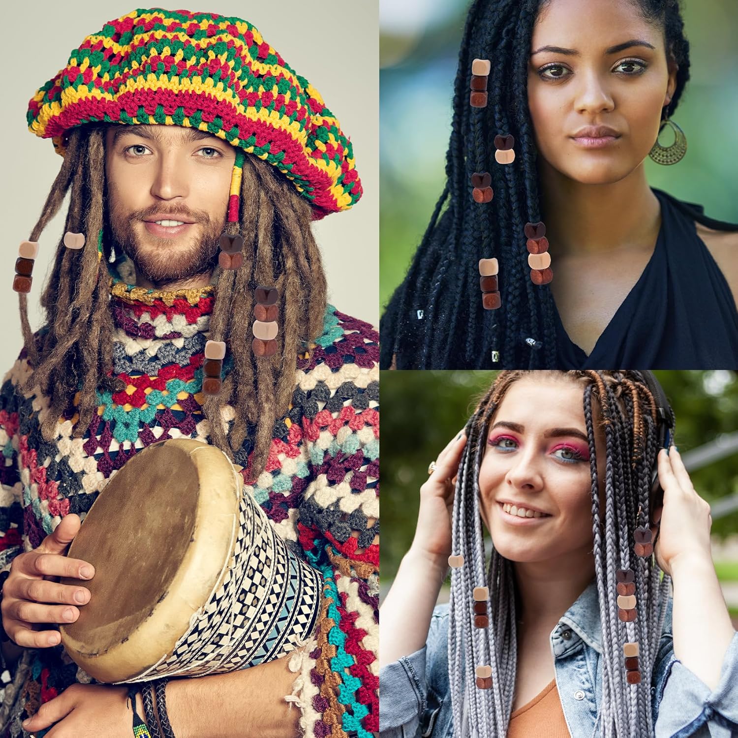 150pcs 10mm Wooden Beads for Crafts, Large Hole Natural Square Wood Hair Bead, Vintage Wooden Spacer Accessories for Macrame Necklace Bracelet DIY Decor- Dark Coffee & Beige & Light Coffee - Image 4