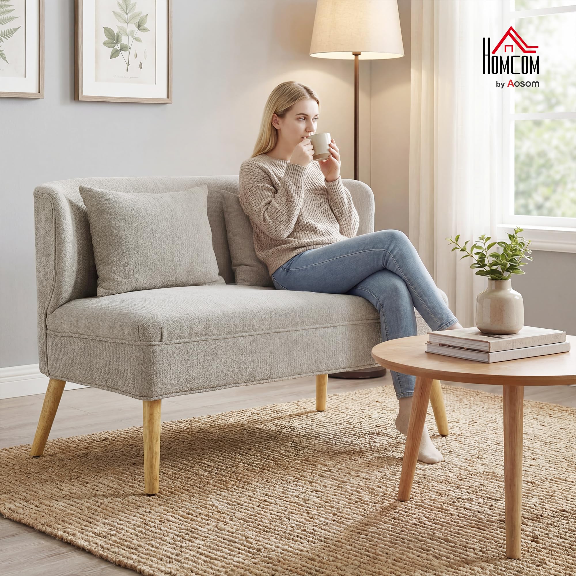 HOMCOM Sofa 2 Sitzer Kleine Couch mit Flügelrücken Doppelsofa 117 cm Beige | 2 Wurfkissen, Dick Gepolstert, Modern Polstersofa, Chenille-Optik, Holzbeine, für Kleine Räume, Wohnzimmer, Schlafzimmer