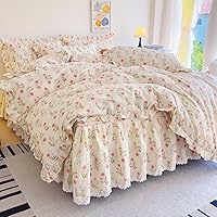 Vista 2 de EAVD Funda de edredón de flores rosas estilo jardín francés con volantes Queen de algodón suave elegante shabby chic juego de ropa de cama floral