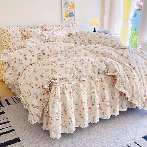 Miniatura 2 de EAVD Funda de edredón de flores rosas estilo jardín francés con volantes Queen de algodón suave elegante shabby chic juego de ropa de cama floral
