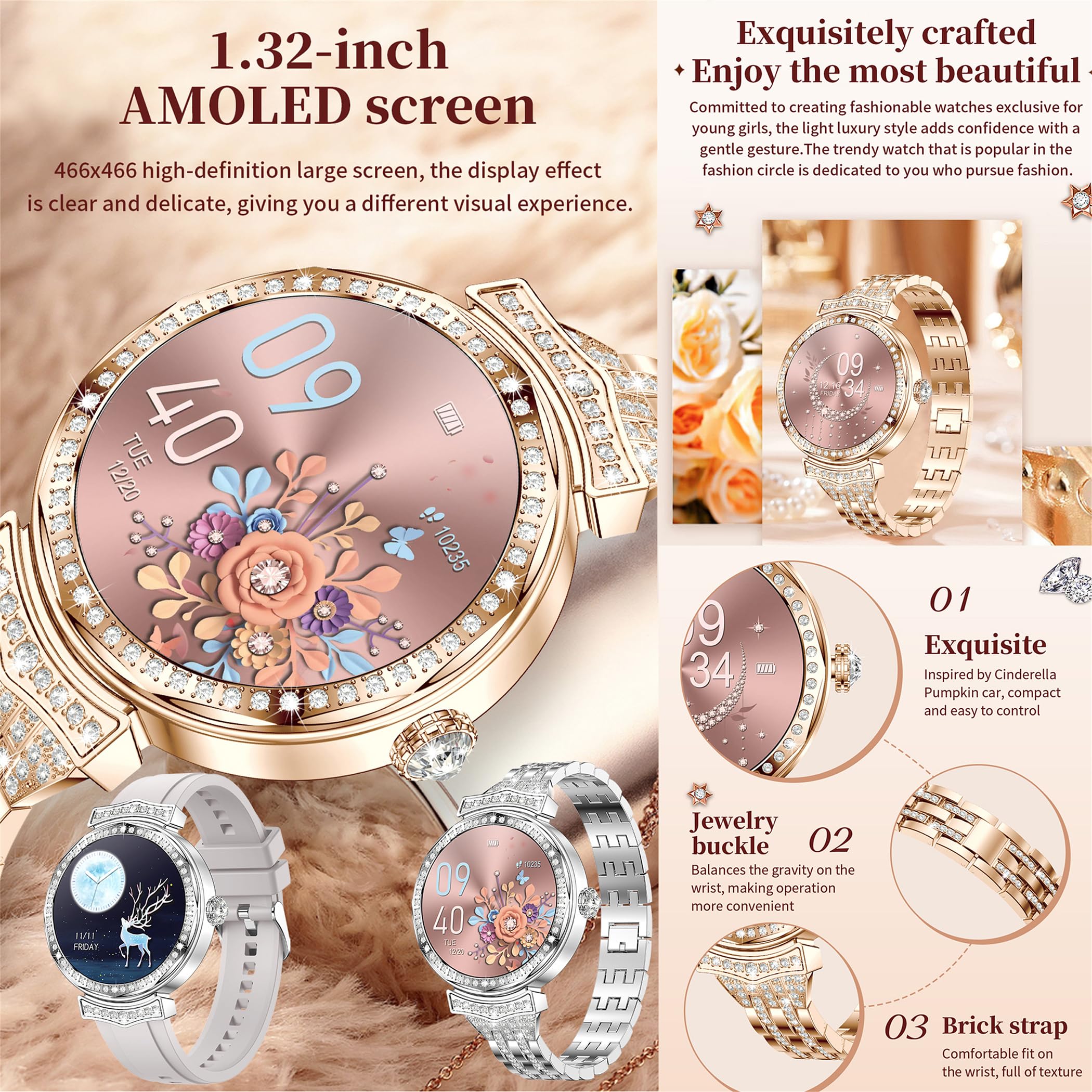Orologio intelligente da donna con chiamate Bluetooth, display touch AMOLED da 1,32", 5 ATM, con misurazione della pressione sanguigna SpO2, contapassi, monitor del sonno, orologio fitness per