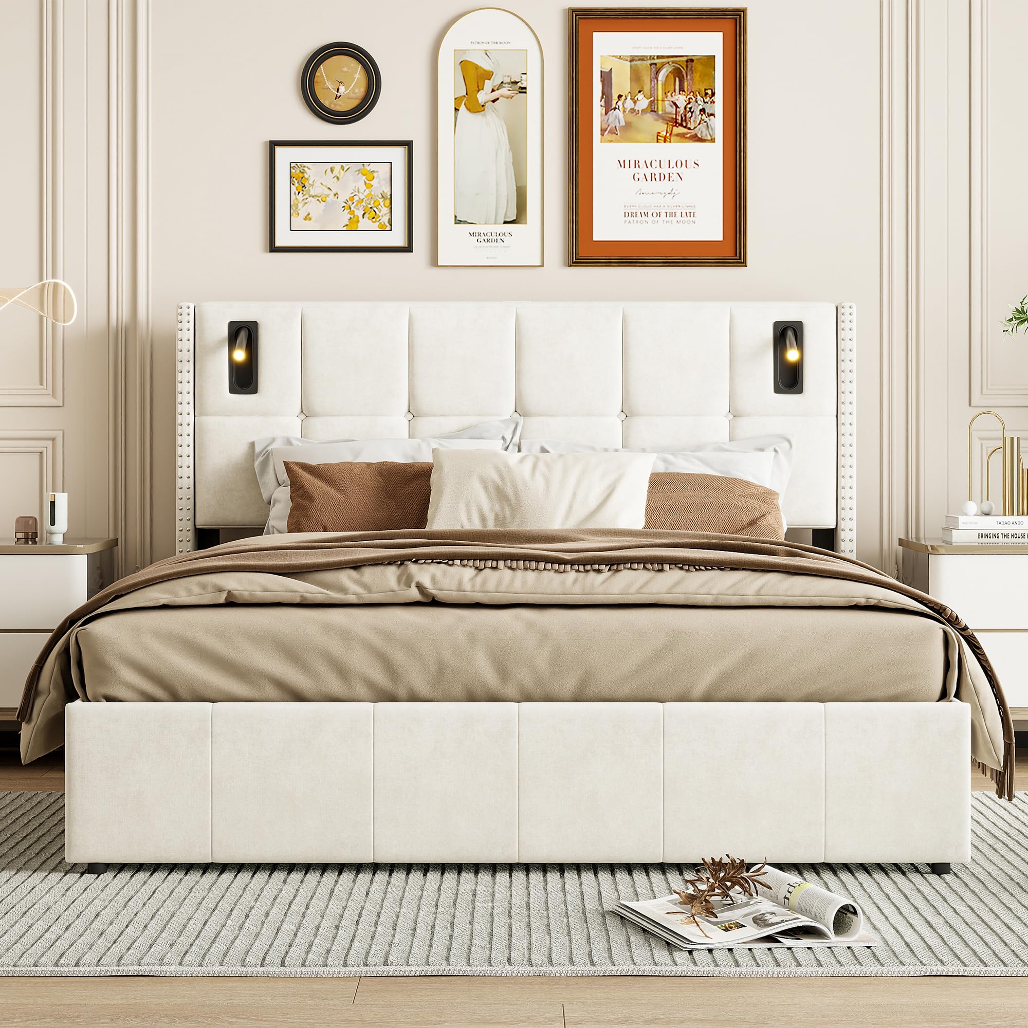 Cama Canapé Abatible 160x200 cm de Terciopelo Beige, Cama Tapizada de con Almacenaje Hidráulico, Cabecero con Luces LED de Lectura Regulables, Estructura de Madera y Somier de Láminas, Sin Colchón