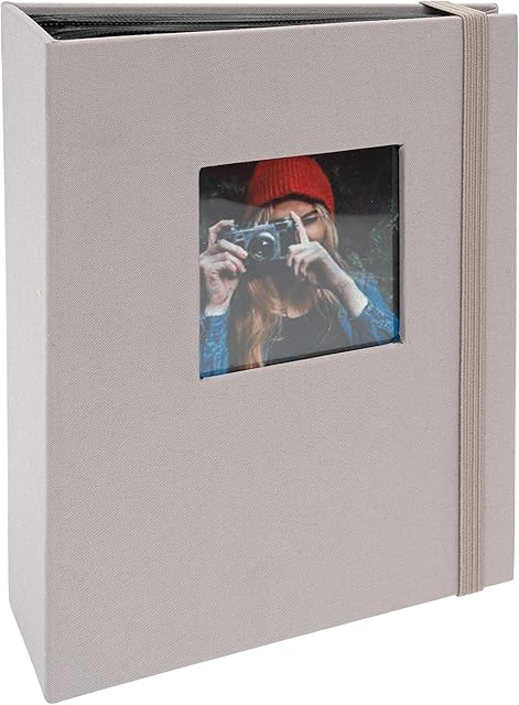 Kenro Grey Linen Minimax Photo Album for 100 Photos 6x4 / 10x15cm with Space for Photograph on Front Cover, Slip-In Pages, Modern Design Great for Family Photographs, Aztec Series  AZ104GY