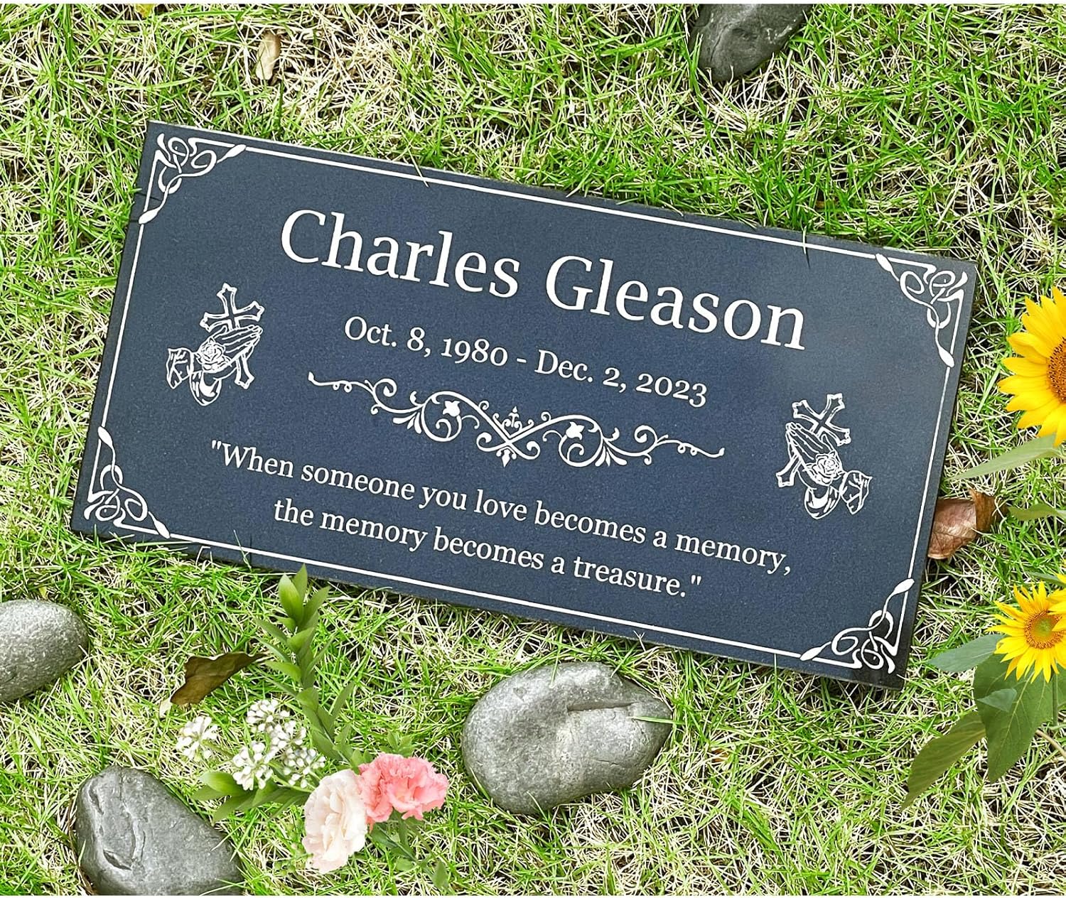 ANGELBB Personalized Granite Memorial Plaques for Outdoors,Temporary Grave Markers for Cemetery for Humans,Headstones for Graves Memorial Garden Stones for Loved (Pray, 12x6 in)