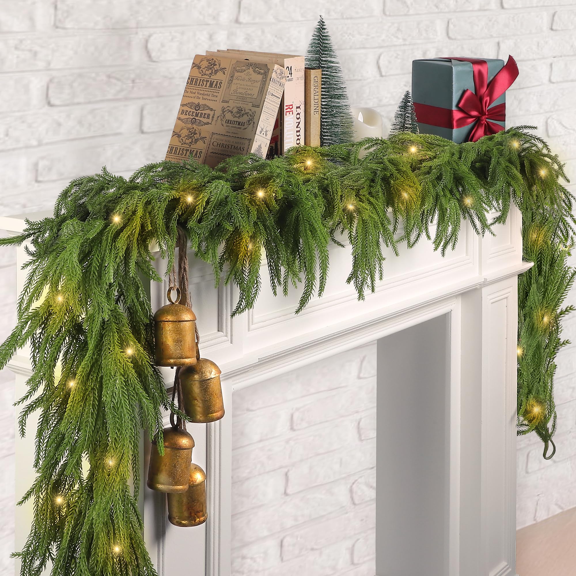 Fovths 1 Pack Christmas Norfolk Garlands Set 9 Feet Artificial Faux Greenery Garland 4 Cow Bell with Jute Hanging Rope Light String Winter Pine Garland for Xmas Indoor Holiday Decor, Green