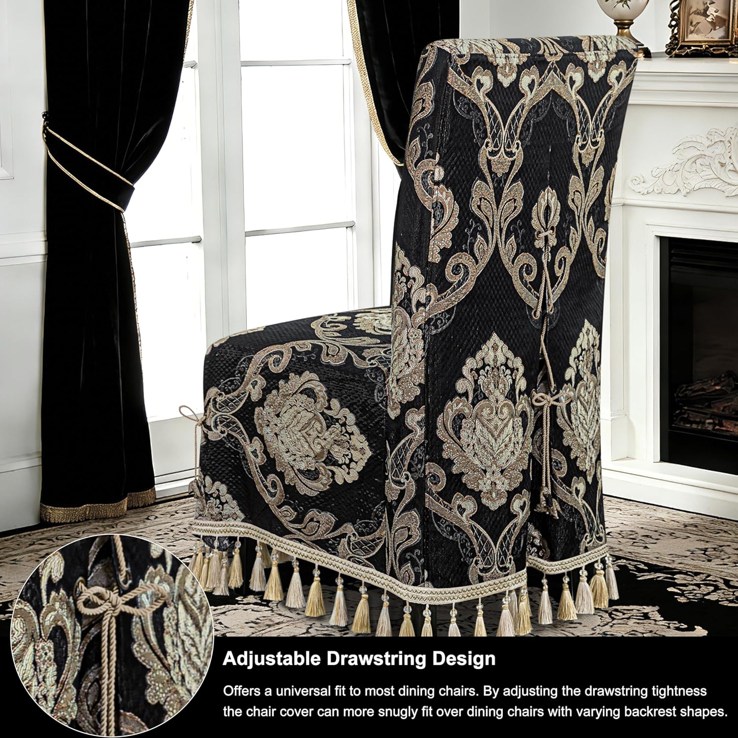 Loom and Mill Adjustable Dining Chair Cover 1 Piece, Classic European Damask Removable Full Length Parsons Chair Covers with Tassels and Ties for Dining Room Party Banquet Home Decor, Black