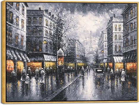 Wieco Art Framed Wall Art Paris Street View City Canvas Prints By Decorative Landscape Oil Paintings reproduction for Living Room Home Decorations Modern Contemporary Cityscape Artwork Bronze Gold