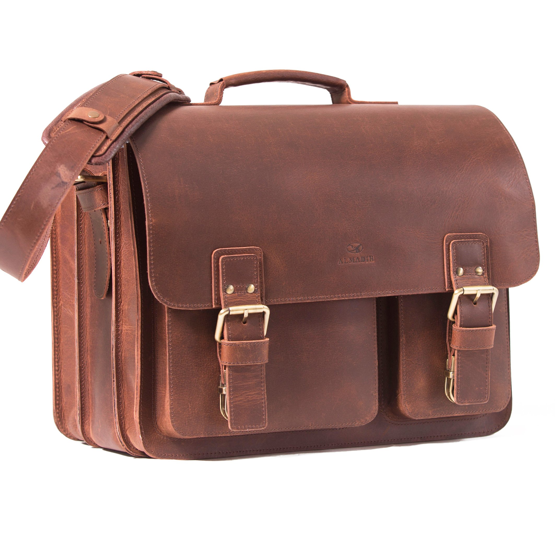 ALMADIH Leder XXL Aktentasche SAM handgefertigt, 3 große Fächern - robustem Rindsleder braun Vintage, Lehrertasche Anwalttasche Laptoptasche Notebook Unitasche Businesstasche Umhängetasche