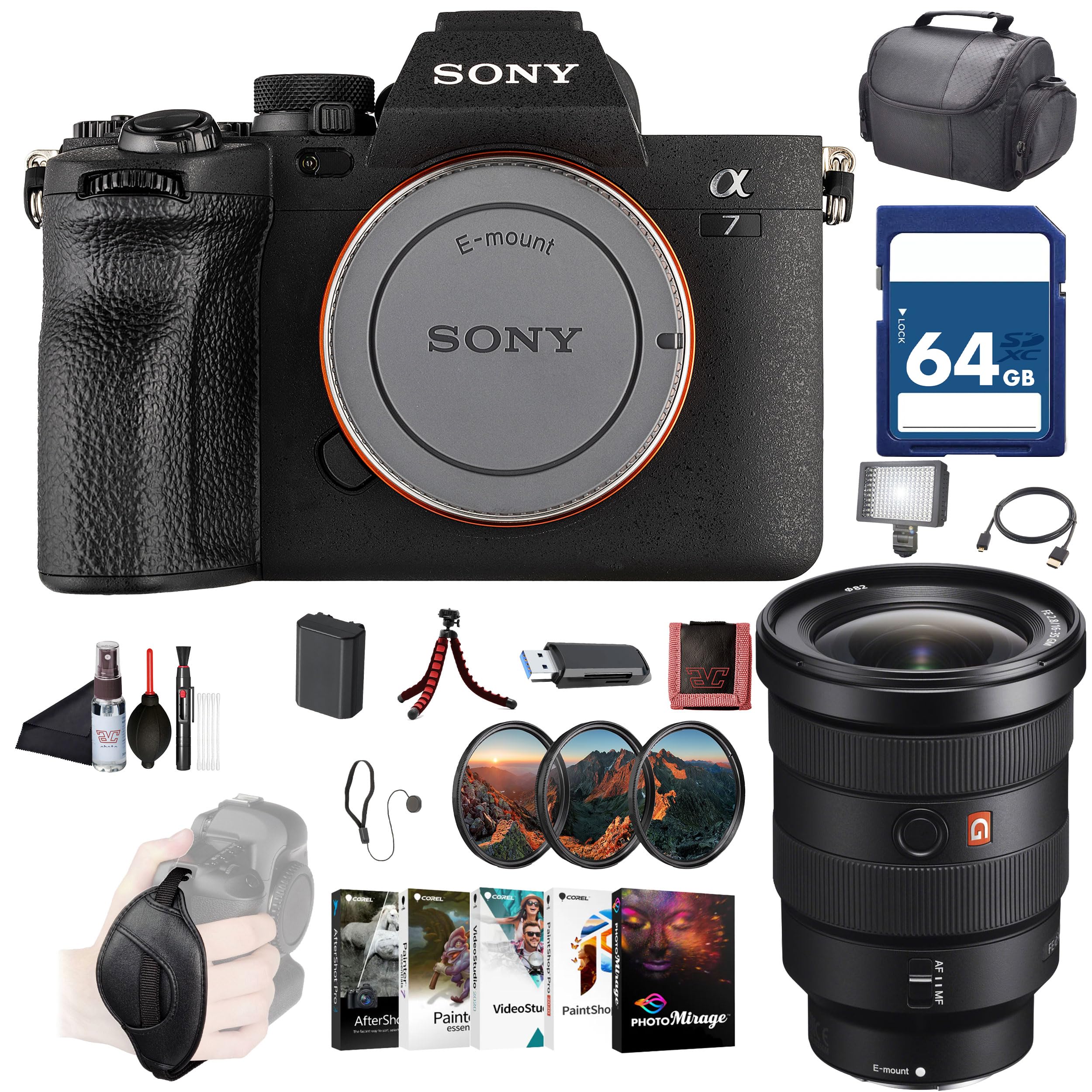 Sony a7 IV Mirrorless Camera ILCE-7M4/B, Sony FE 16-35mm Lens SEL1635GM, 64GB Memory Card, Filter Kit, Bag, NP-FZ100 Compatible Battery, Card Reader,