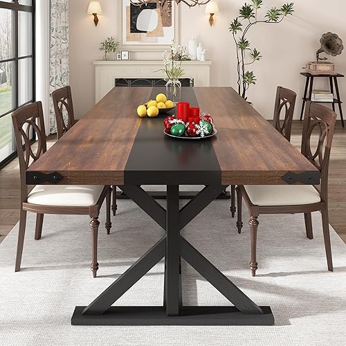 Miniatura 13 de Mesa de comedor de 71 pulgadas para 6 personas, mesa rectangular de cocina de granja con grosor impermeable, mesas de comedor largas con base de