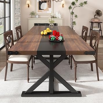Hlivelood 71 Inch Dining Table for 6 People, Rectangular Kitchen Farmhouse Table W/Thickness Waterproof Wood Tabletop,Long Dining Room Tables W/Wood Strip Base for Kitchen Living RoomBrown&Black