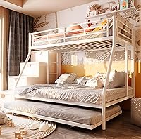 SUNLEI Metal Loft Bed Twin Over Full with Trundle, Dual Ladders, Desk & Safety Guardrails - Space-Saving for Small Bedrooms (Snowy)