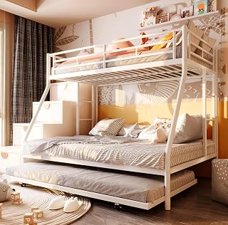 SUNLEI Metal Loft Bed Twin Over Full with Trundle, Dual Ladders, Desk & Safety Guardrails - Space-Saving for Small Bedrooms (Snowy)