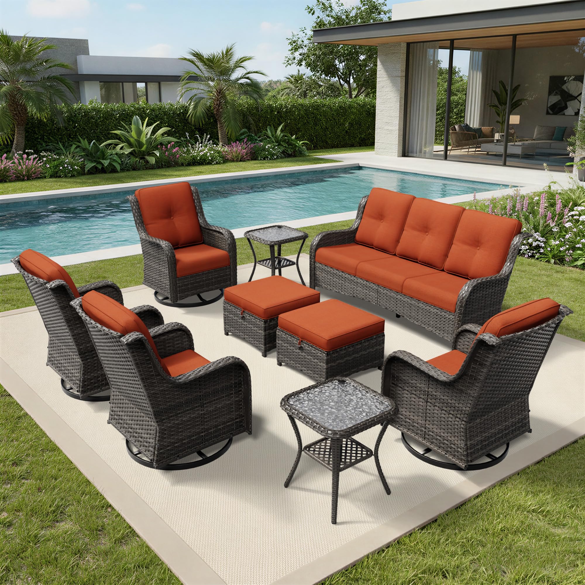 Joyside 9 Piece Wicker Patio Furniture Set, Outdoor Swivel Rocker Patio Chairs with High Back, Deep Seating, Wide Armrest, Thickened Cushions, Outdoor Furniture for Deck, Porch Use