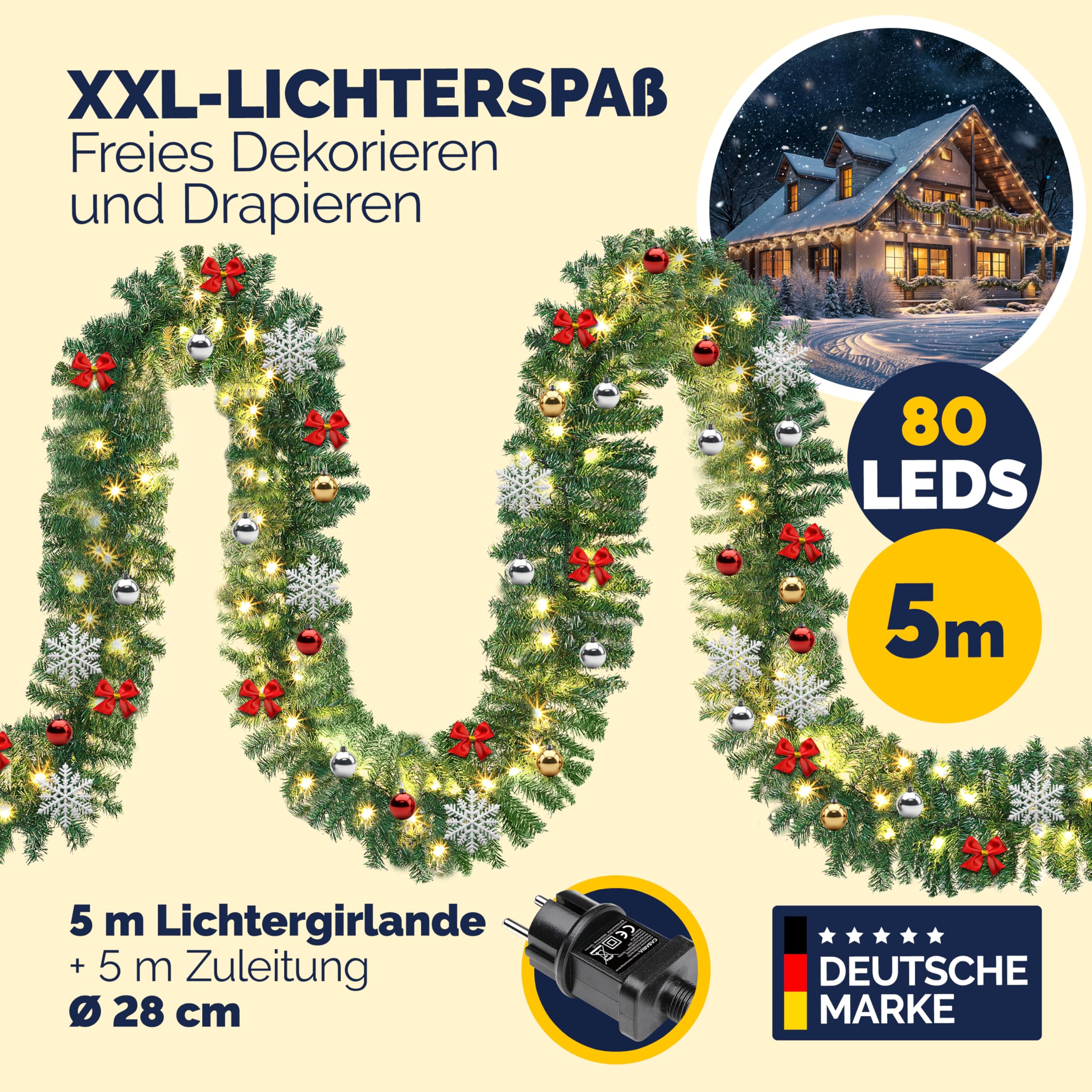 CASARIA Weihnachtsgirlande Beleuchtet Deko Fernbedienung 5m 80 LED Timer Dimmbar 8 Leuchtmodi Außen Weihnachtsdeko Weihnachten Girlande Tannengirlande