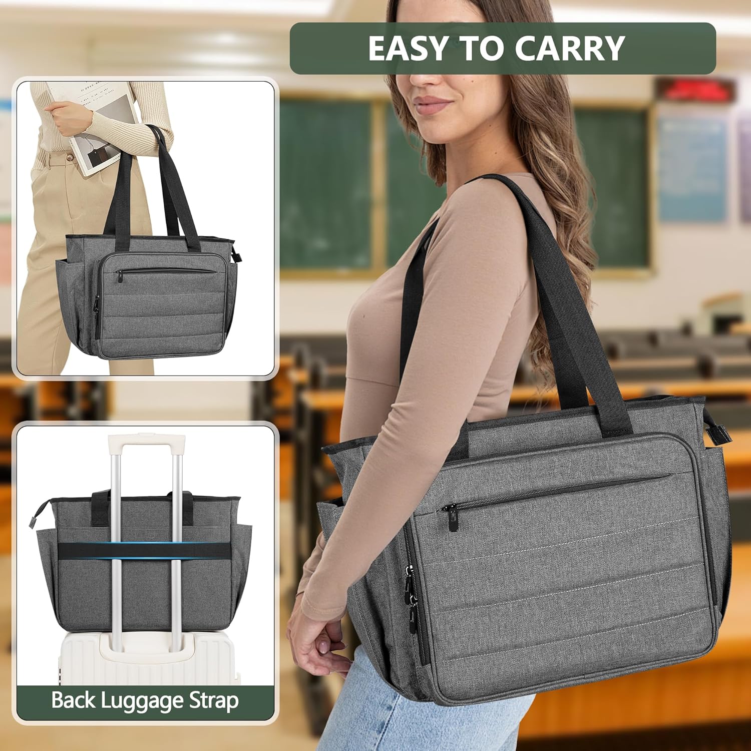 CURMIO Large Teacher Bag for Women, Portable Teacher Tote Bag with Accordion File Organizer Compartment and Laptop Sleeve, Gray(Patent Pending)