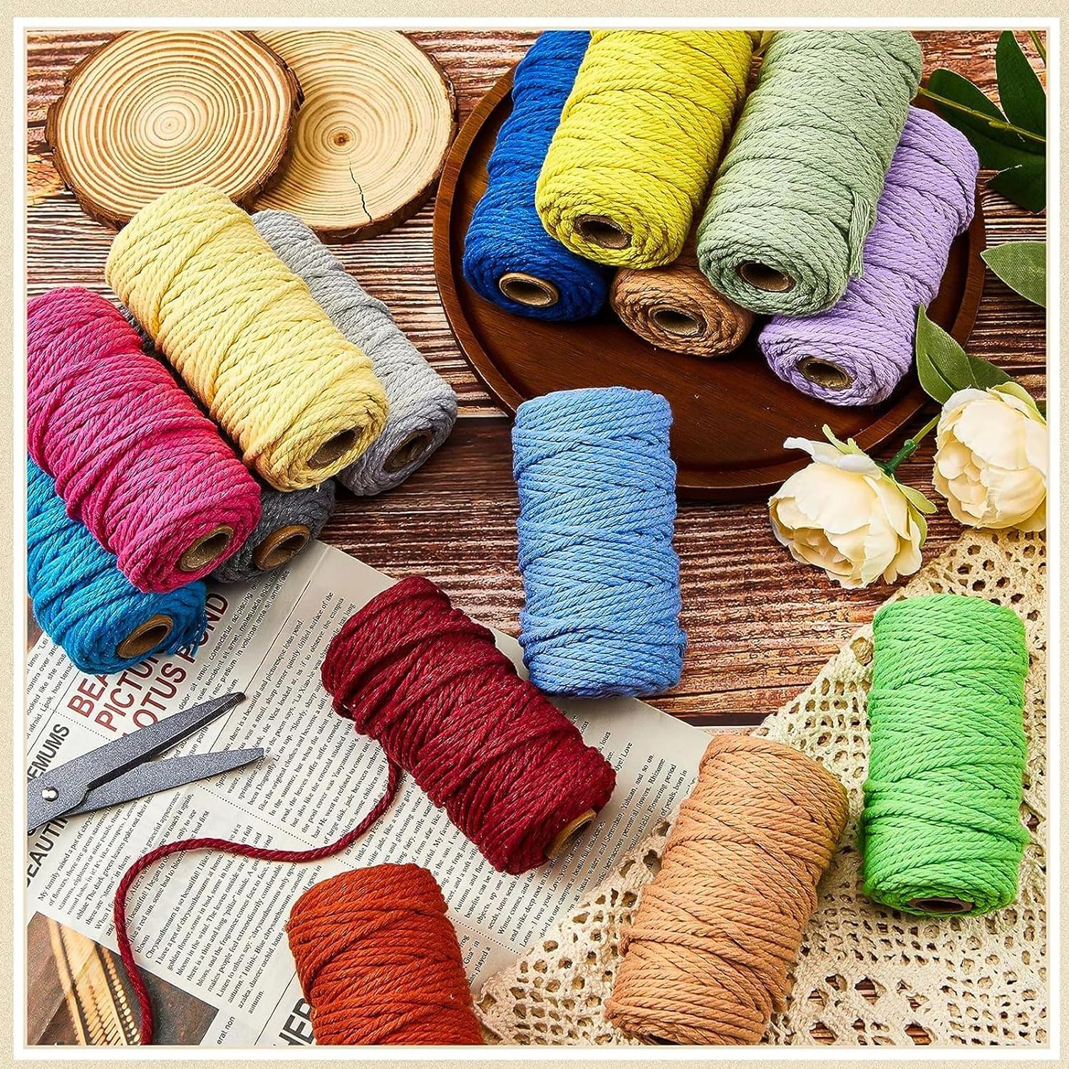 36 rollos de cuerda de macramé de color de 3 mm x 1152 yardas, cuerda de algodón natural para macramé, 4 hebras trenzadas, cordón de algodón para manualidades, colgar en la pared, ganchos de plantas,