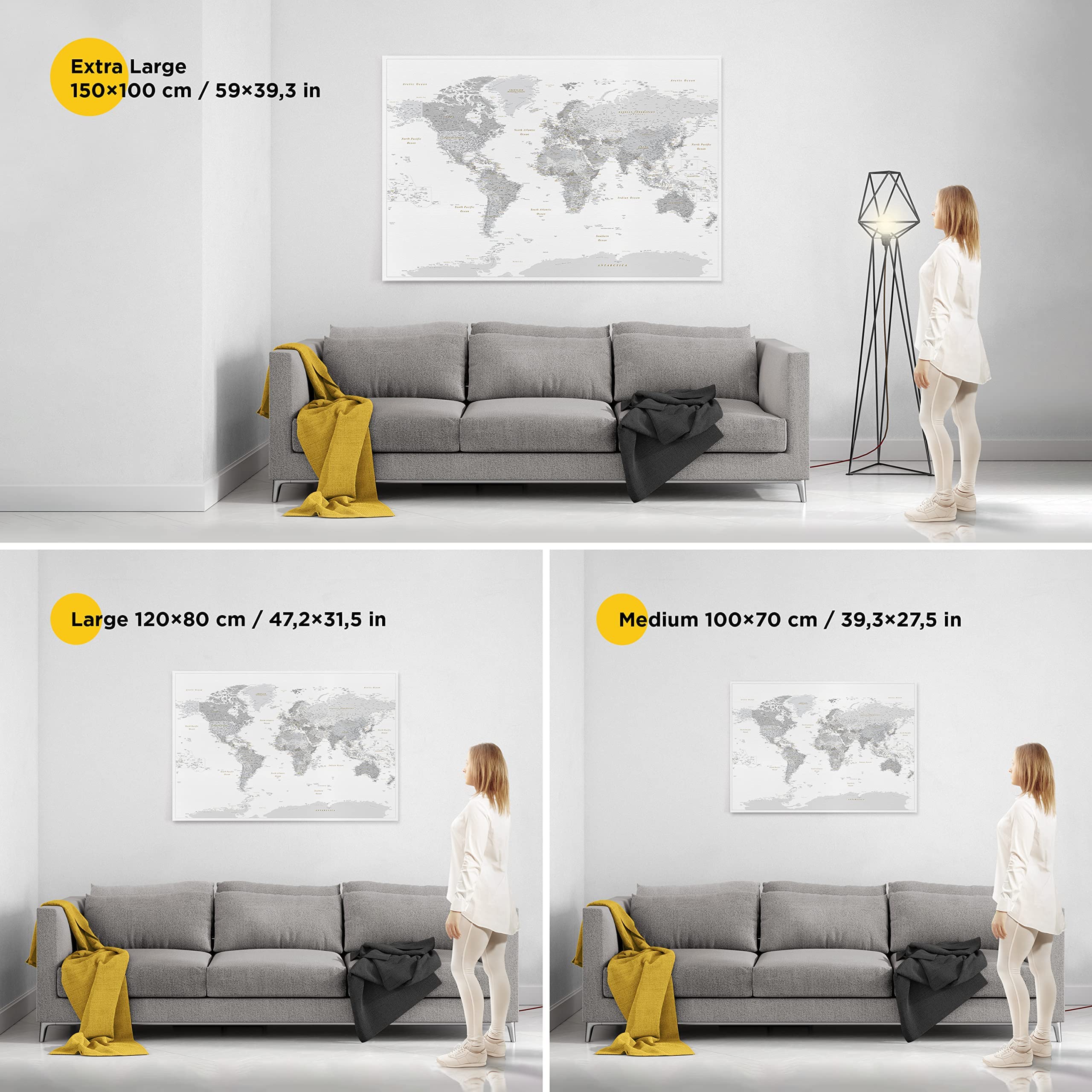 Trip Map Planisfero da Parete – Mappa del mondo - Quadro su tela incorniciato con 100 puntine incluse – Cartina geografica mondo in grigio e bianco - Grande dimensioni