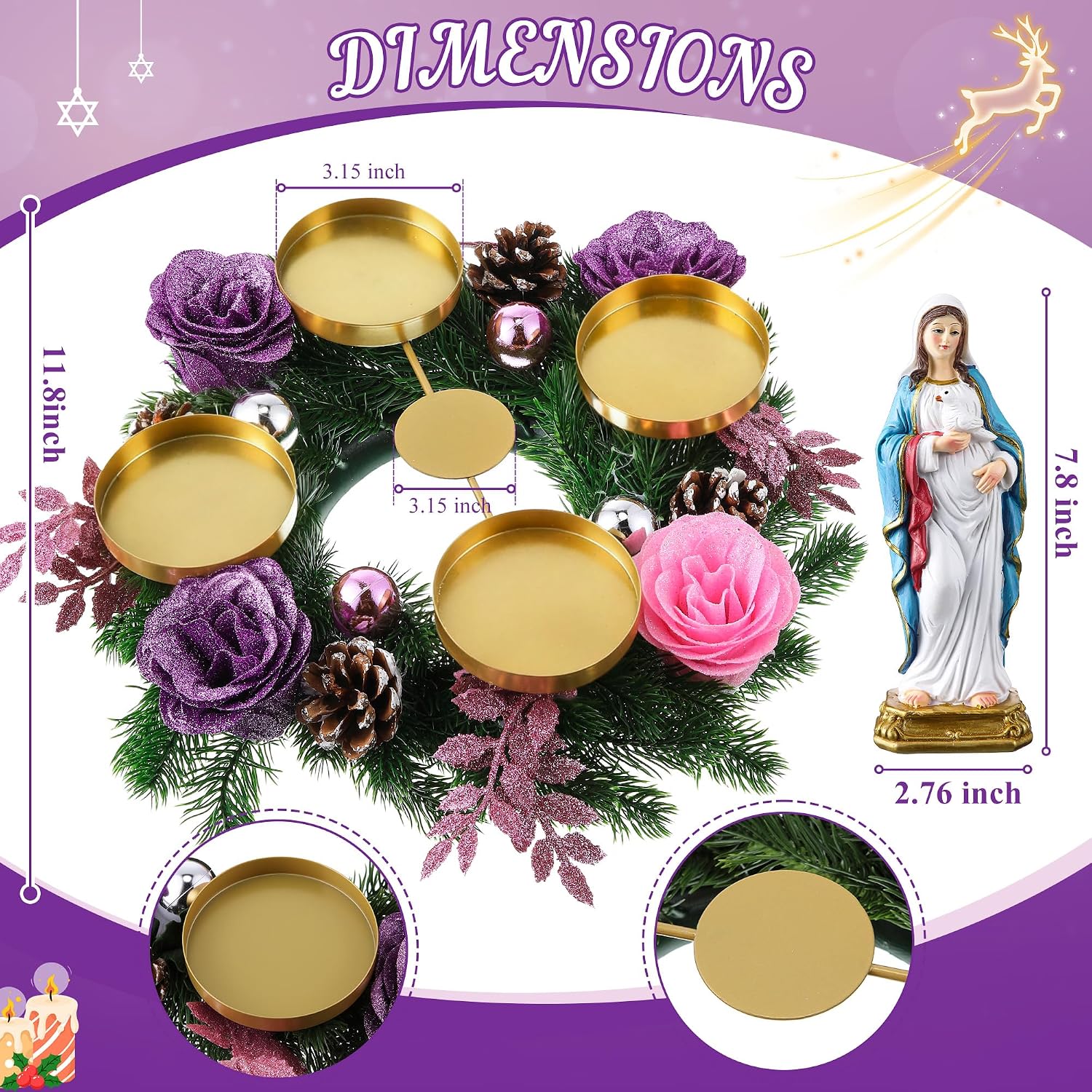 11.8" Christmas Advent Wreath Candle Holder, Virgin Mary Statue,Pillar
