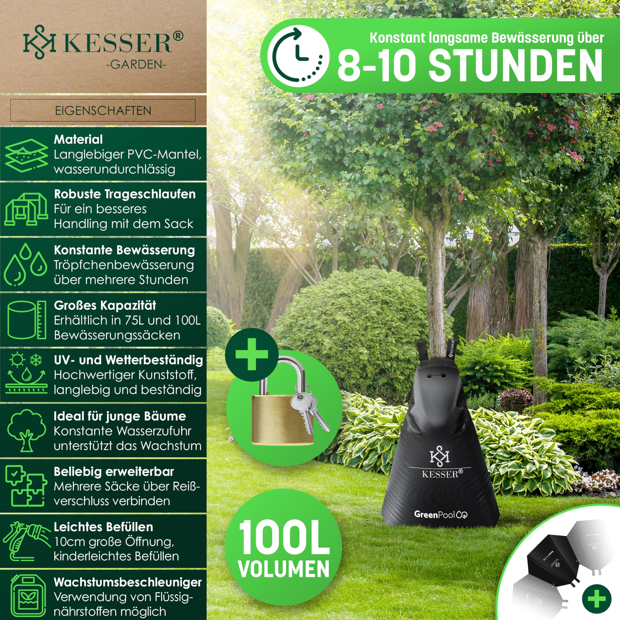 KESSER® Saco de riego para árboles, saco de agua y bolsa de riego de árboles, bolsa de duradera y resistente a los rayos UV, sistema de riego de jardín y árboles, 100 Litros, Negro, Set de 4