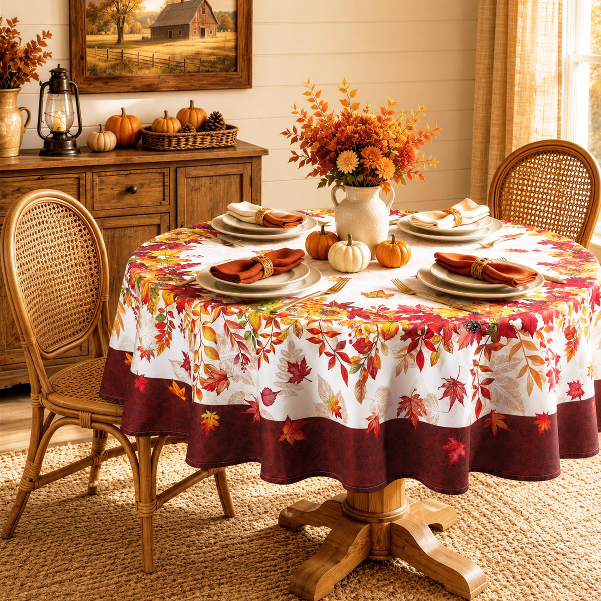 Arquiel Autumn Maple Leaf Polyester Tablecloth, Vintage, 180 cm, Round
