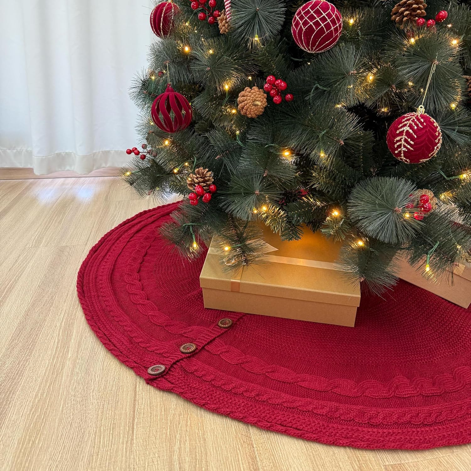 60-Inch Deluxe Cable Knit Christmas Tree Skirt with Oak Buttons, Burgundy