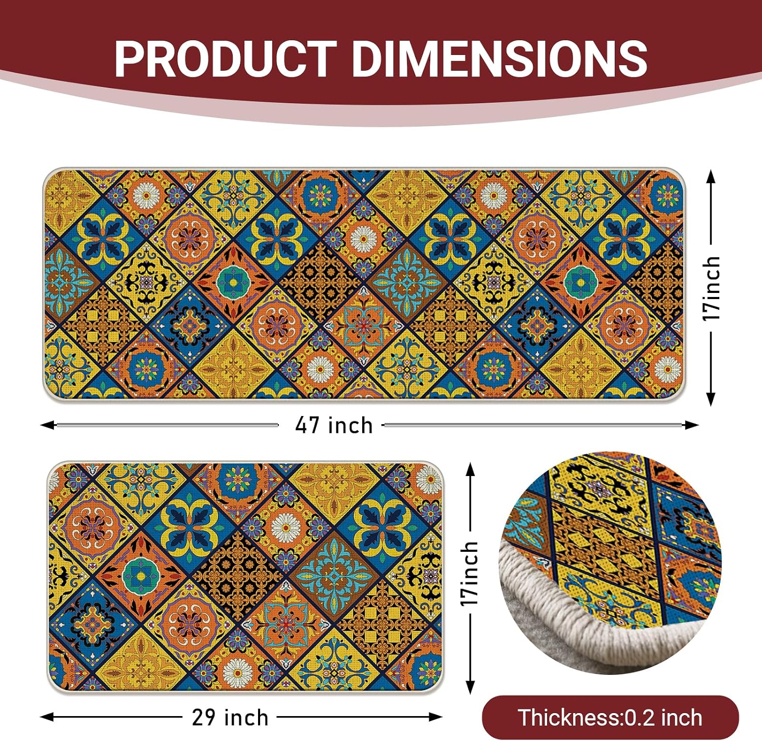 Boho Moroccan Tile Traditional Kitchen Rugs Set of 2, Colorful Vintage Portugal Azulejo Mediterranean Ceramic Floor Mats Home Decor, Ethnic Mexican Door Mat Decorations - 17x29 and 17x47 Inches