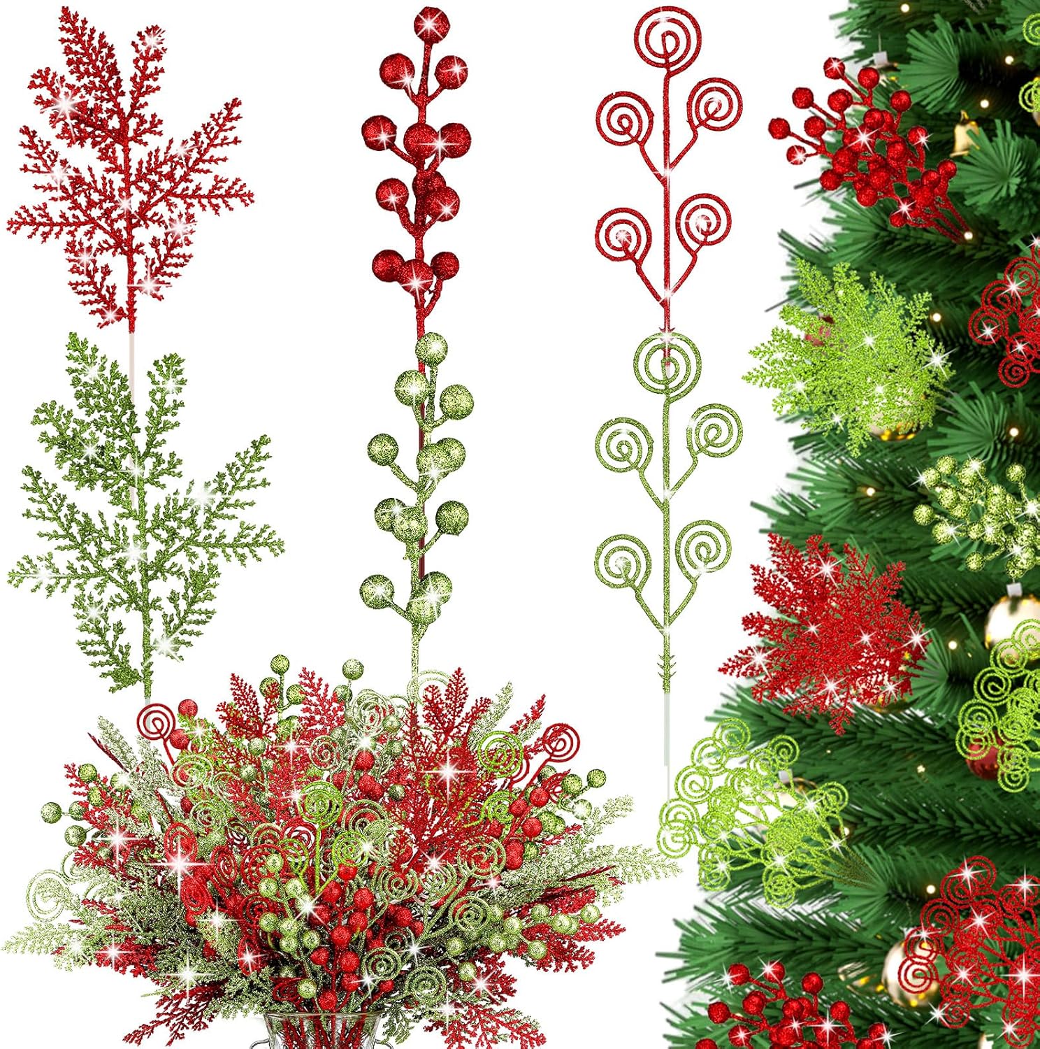 48 Pcs 12 Inch Christmas Tree Picks Christmas Red Green Artificial Curly Berry Stems Ornaments Glitter Artificial Berry Stems Branches Decorative Sticks for Xmas Tree Topper Wreath Craft Vase Filler