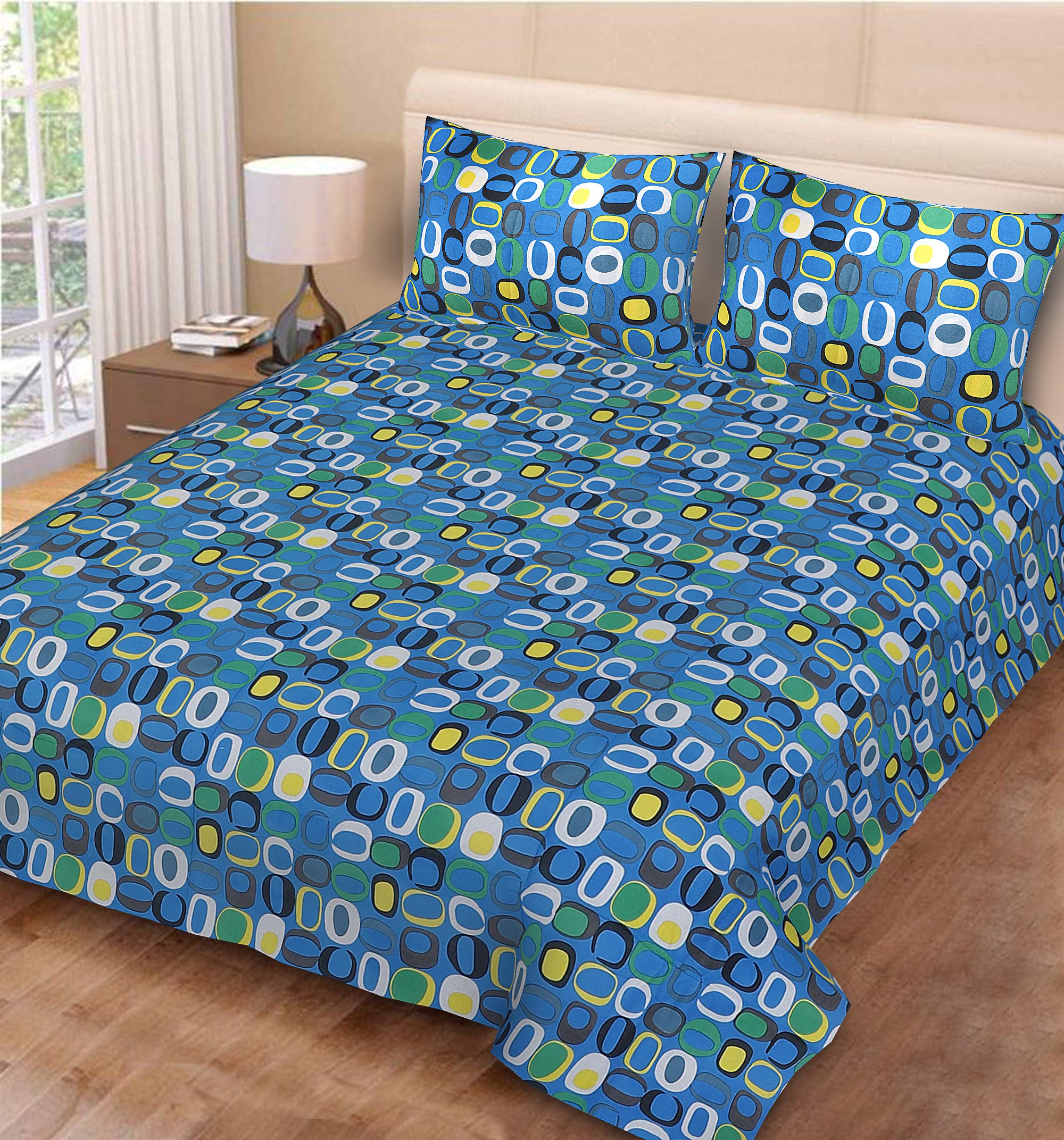 Miyanbazaz Textiles 100% Cotton Double Bedsheet with 2 Pillow Covers - Multi (Blue-4)