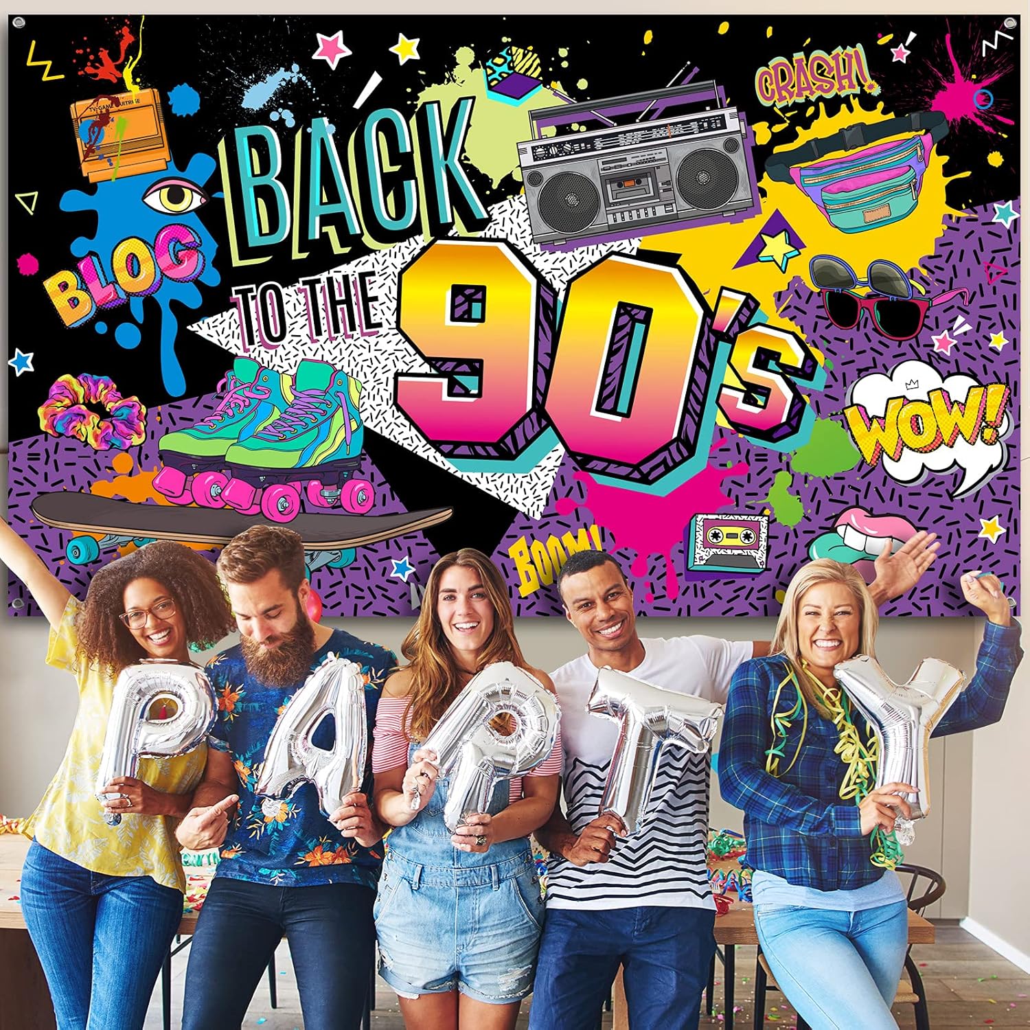 Irenare 85 Pcs 90s Party Decorations 90's Party Birthday Supplies Includes Inflatable Radio Boombox and Mobile Phone, Back to 1990s Backdrop Tablecloth, 75 Pcs Balloons for Hip Hop (90s Style)