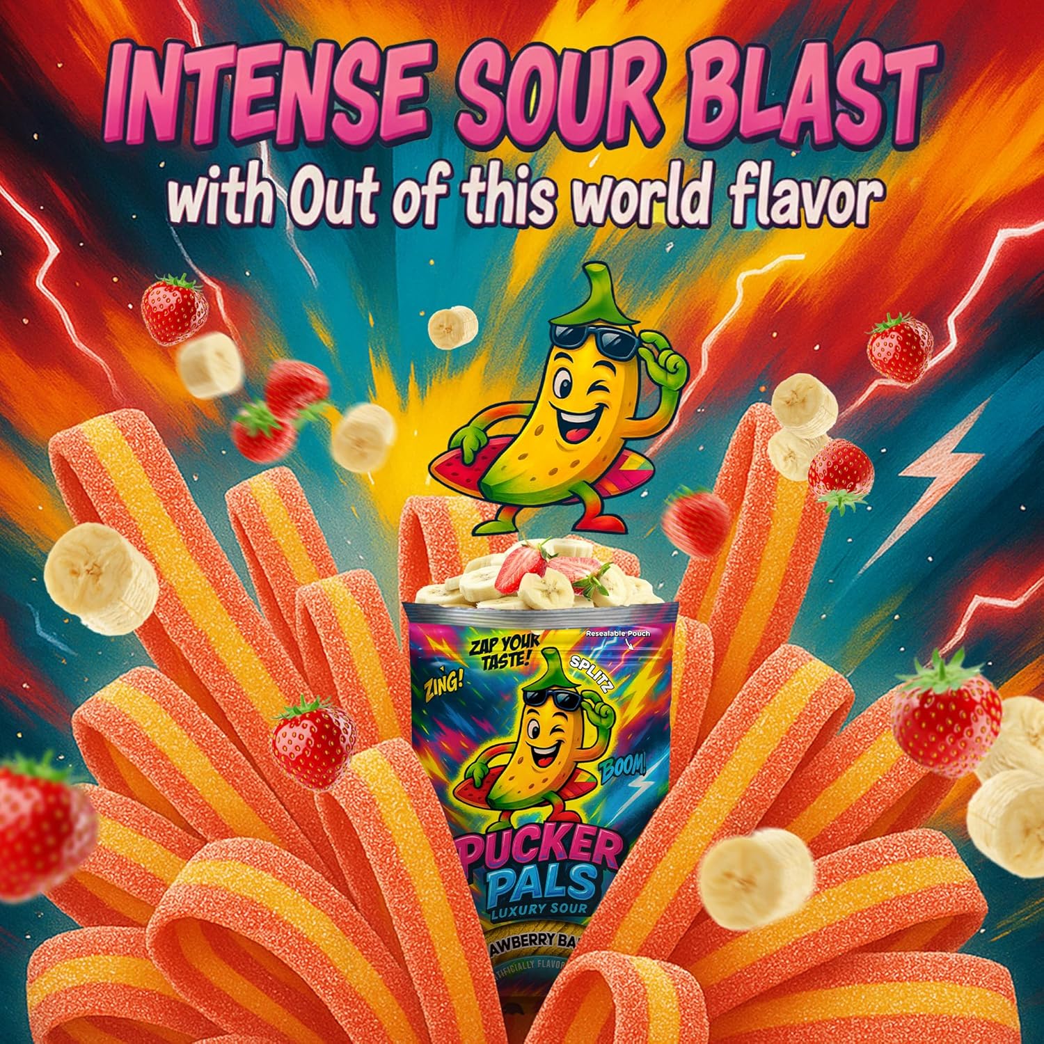 Pucker Pals Strawberry Banana Sour Candy – 5 Pack Extreme Sour Strips, Chewy Gummy Candy & Sour Gummies, Gummy Worms Style Bold Fun Treats for Halloween & Stocking Stuffers