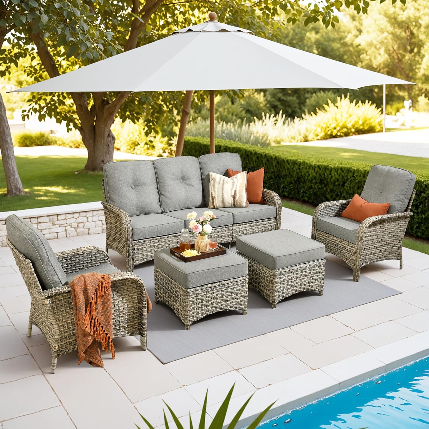 Weaxty 5 Piece Wicker Patio Furniture Sets with Ottoman, Outdoor Loveseat Sofa Rattan Chair Better Outdoor Patio Conversation Set for Porch Balcony Garden Deck Dark Gray