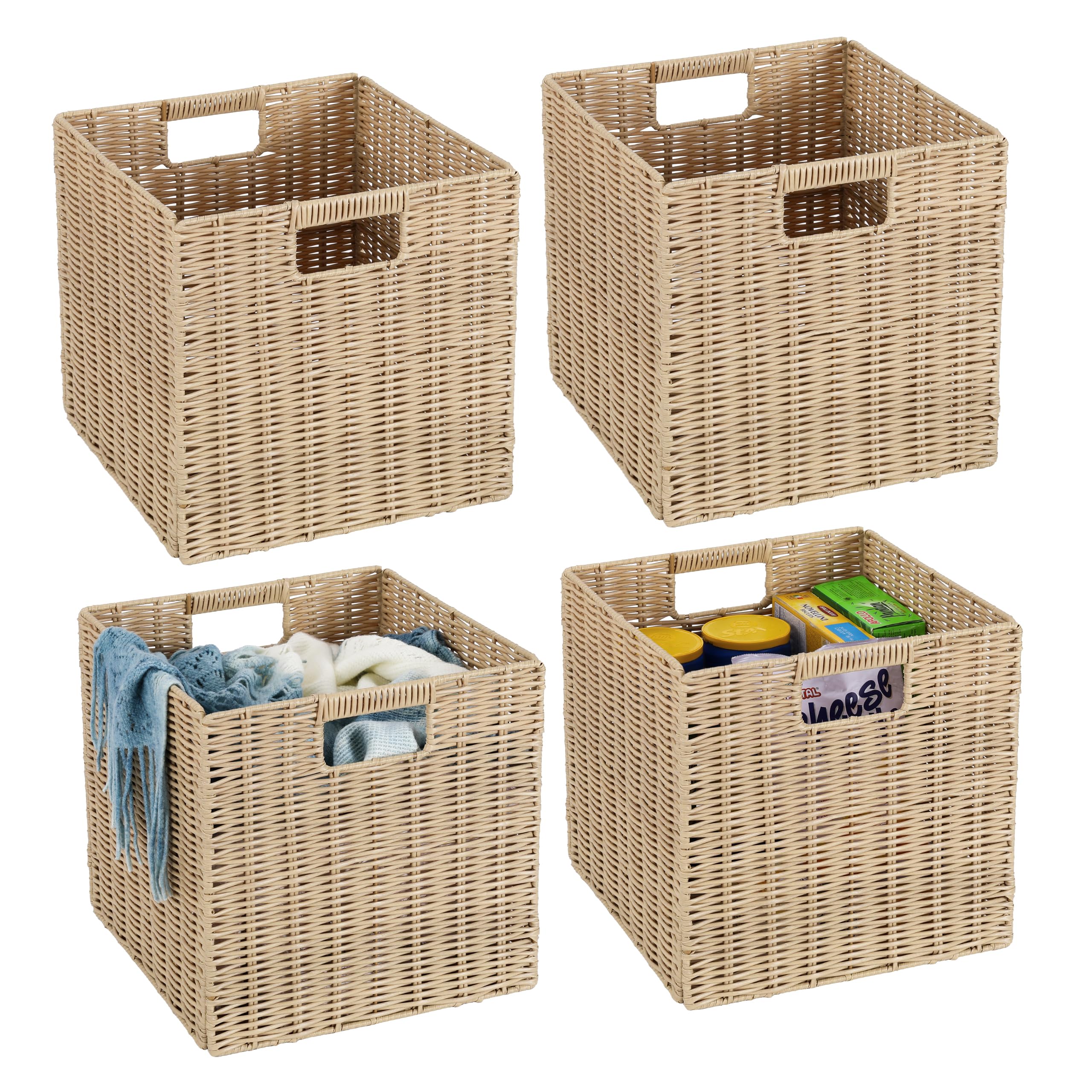 TAIMEI&G02 4er-Set Kallax Expedit Regal Korb/Kallax Korb Geflochten / 30,5 x 30,5 x 30,5H cm/Plastik Regalkorb/Faltkorb Flechtkorb/Regalbox Storage Box/Aufbewahrungskorb Regalkorb Faltbar, Beige