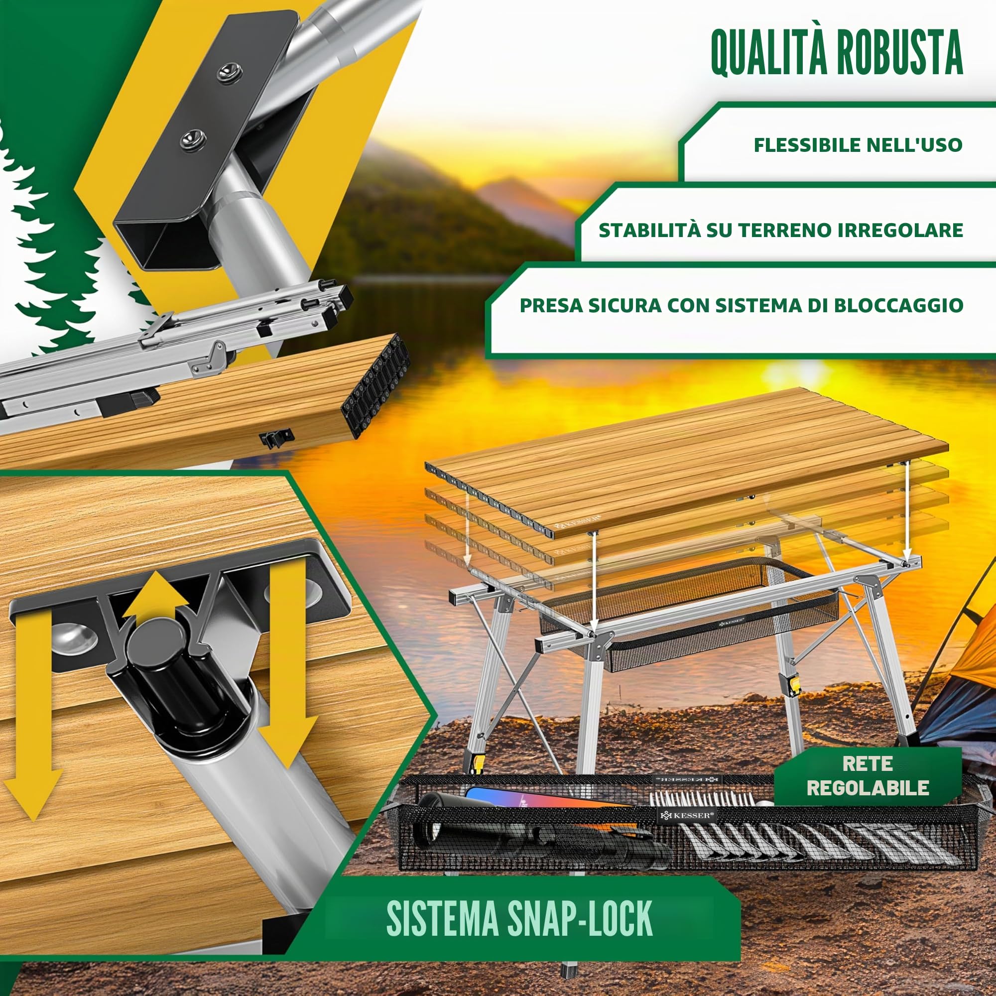 KESSER® Tavolo da Campeggio Pieghevole Tavolo Pieghevole Tavolo da Campeggio con Telaio in Alluminio Piano del Tavolo Arrotolabile Tavolo Pieghevole con Regolazione dell'altezza