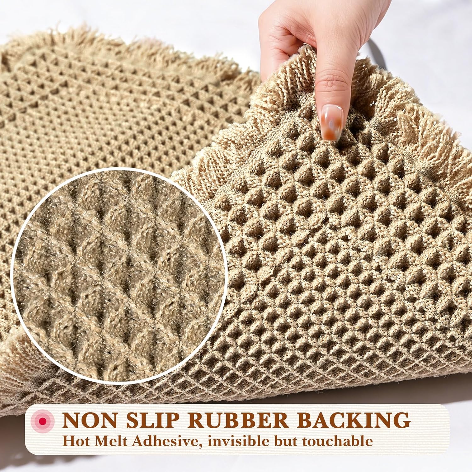 Waffle Bathroom Runner Rugs, Modern Woven Absorbent Non Slip Bath Rugs, Machine Washable, Quick-Drying Bathroom Mats, Boho Tassel Style Bath Mat Suitable for Bathroom Floor, Brown, 72"X24" - Image 3