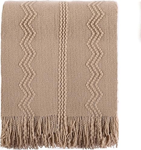 BATTILO HOME Tan Throw Blanket for Bed, Boho Decorative Couch, Taupe Home Decor, 50"x60"